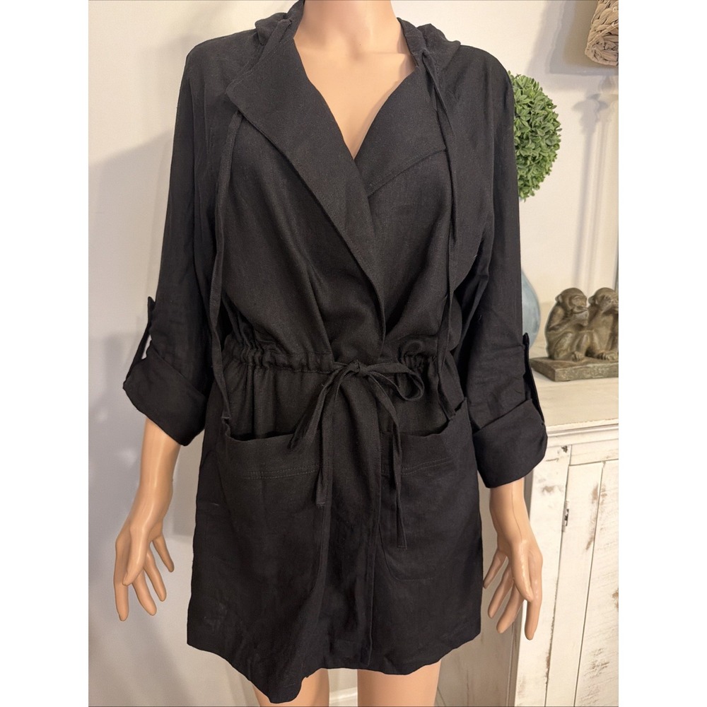 Love Tree Linen Blend Drawstring Jacket Black Hooded Tab Sleeves M Laganlook
